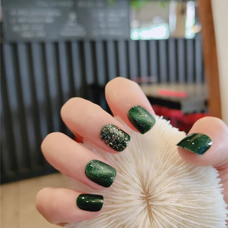 Emerald green plastic fake nail patches with flashing diamond finish 24 pieces