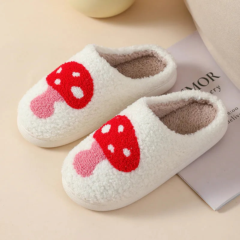 Women's plush home slippers with PVC sole in mushroom colour with round toe design
