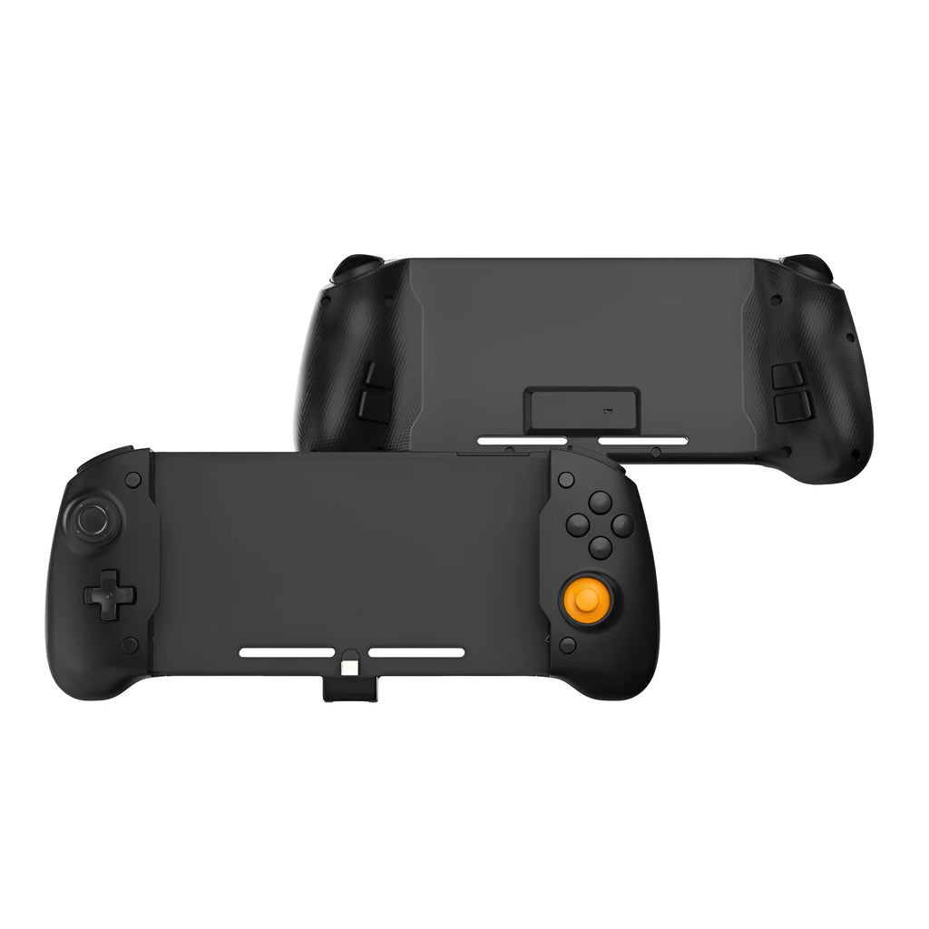 Black and white Nintendo Switch gamepad handle with console inserted, showing button layout and USB-C charging port