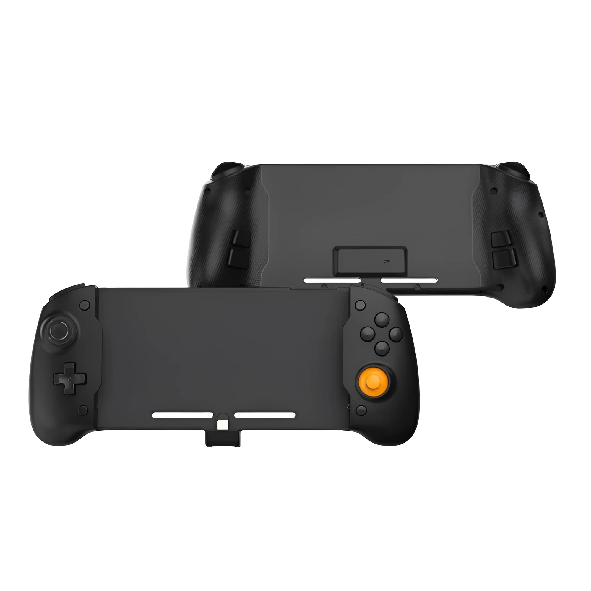 Black and white Nintendo Switch gamepad handle with console inserted, showing button layout and USB-C charging port