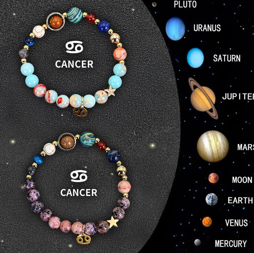 Twelve zodiac sign natural stone bead bracelets with astrology charms