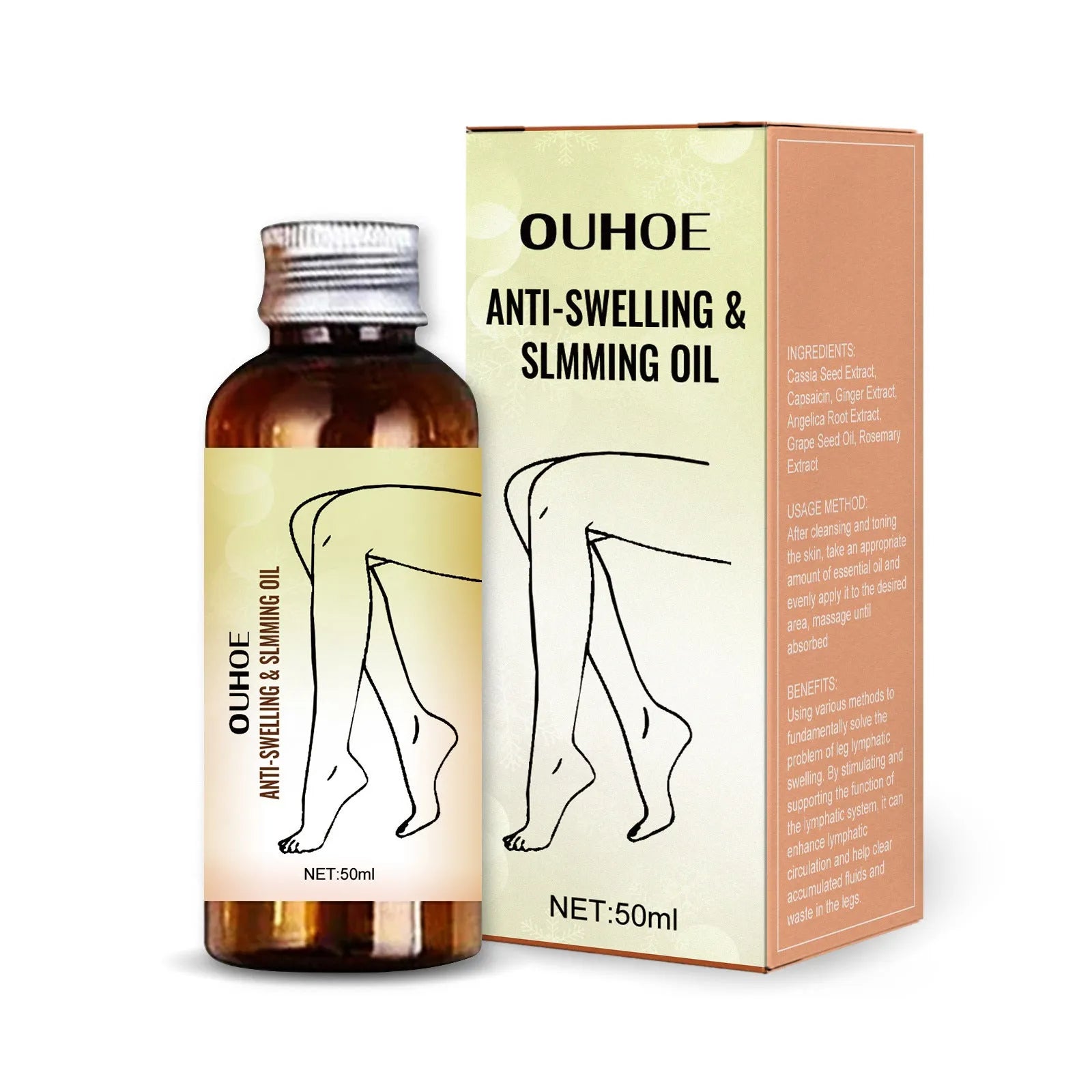 50ml bottle of moisturising essential oil with botanical extracts for body skin care and leg massage