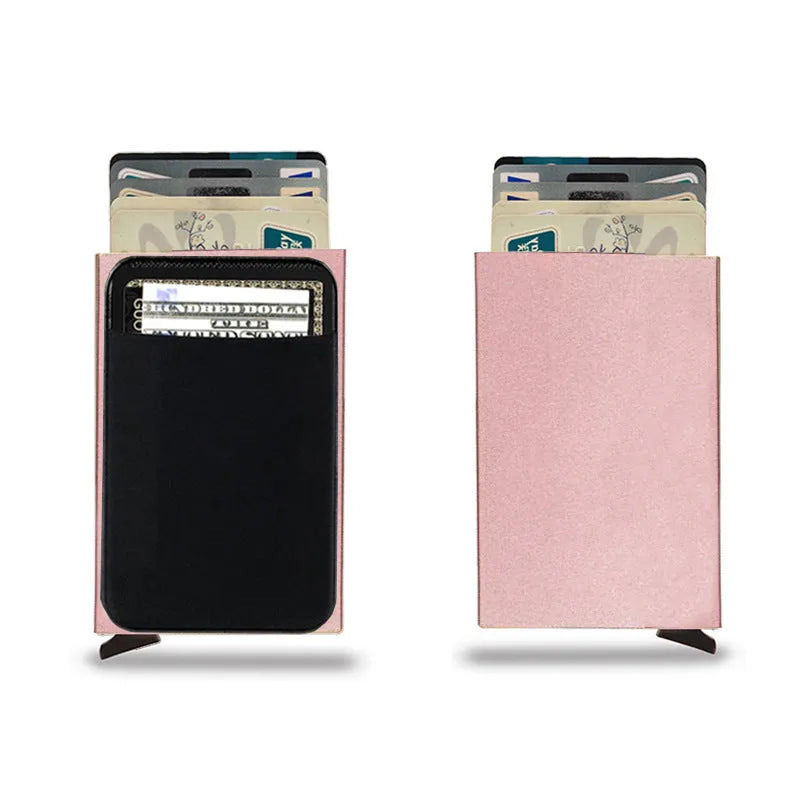 Metal credit card holder with RFID blocking in frosted aluminium alloy showing colour options
