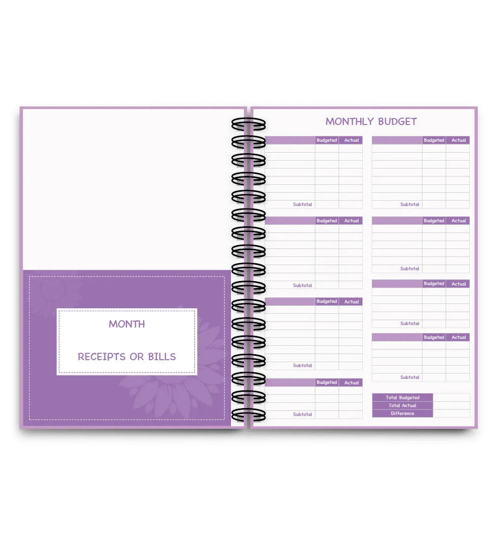 J12 purple coil-bound financial planning notebook with budget stickers and paper clips