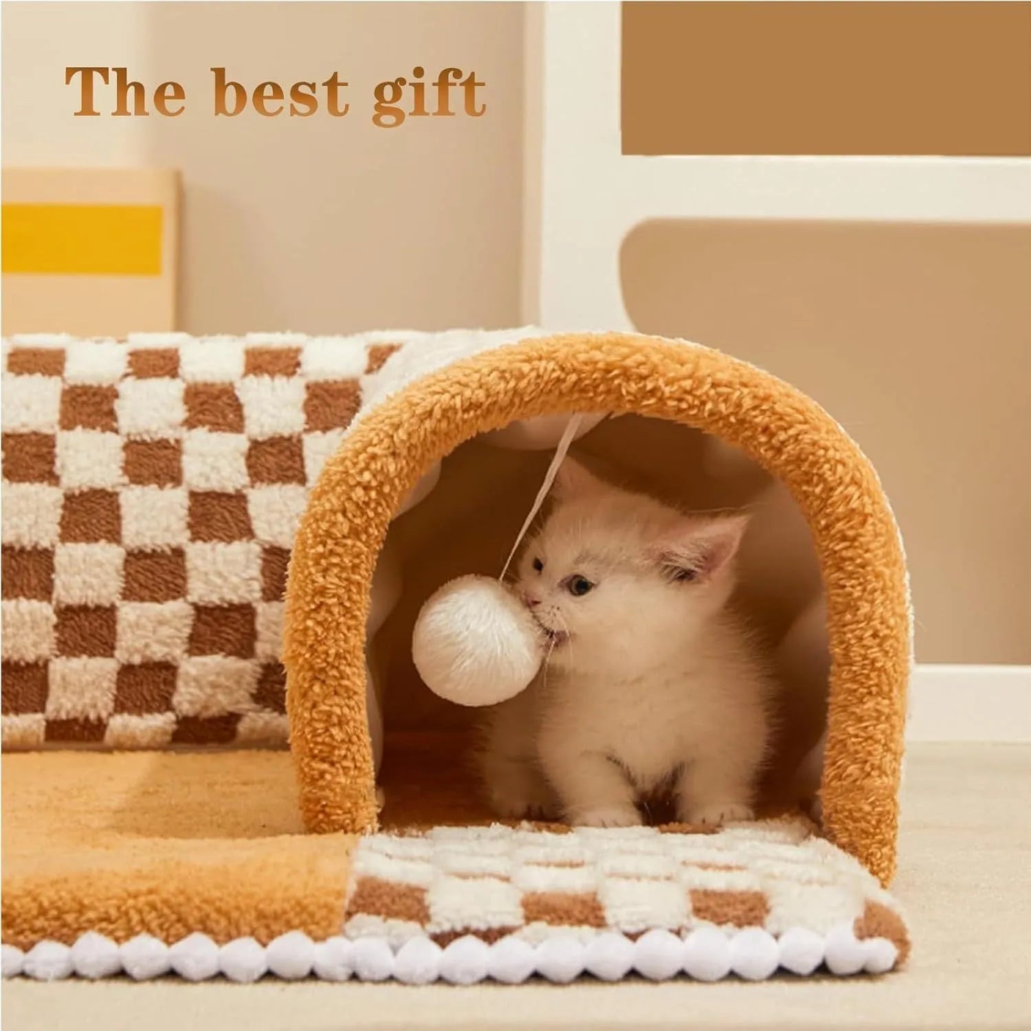 Brown plaid cat tunnel bed with central mat showing non-slip bottom and zipper closure