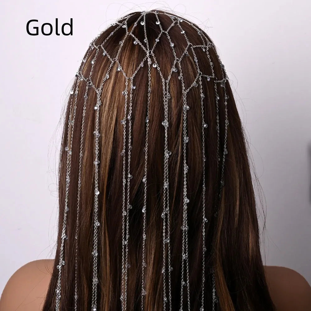 Gold and silver electroplated rhinestone headband with mesh design and tassel detailing