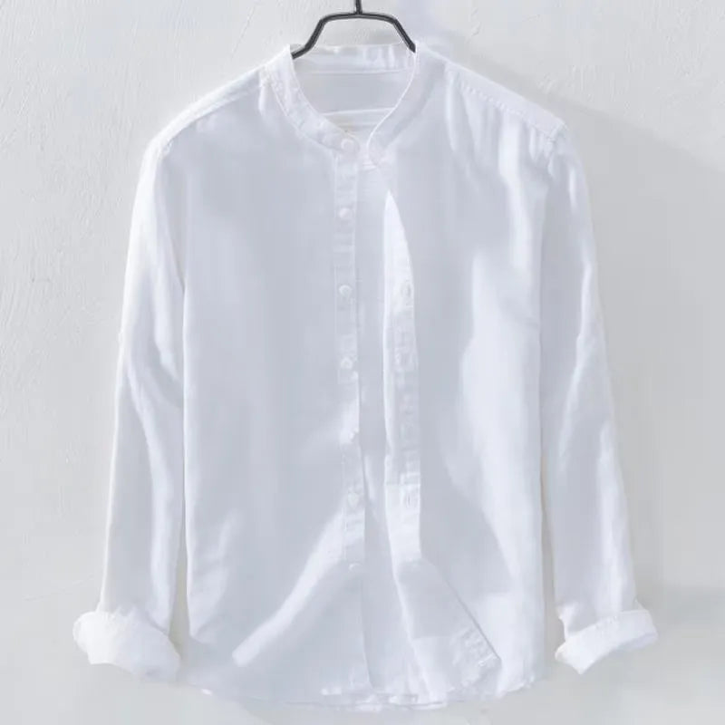 Men's loose long sleeve linen casual shirt in solid colour, shown on a hanger.