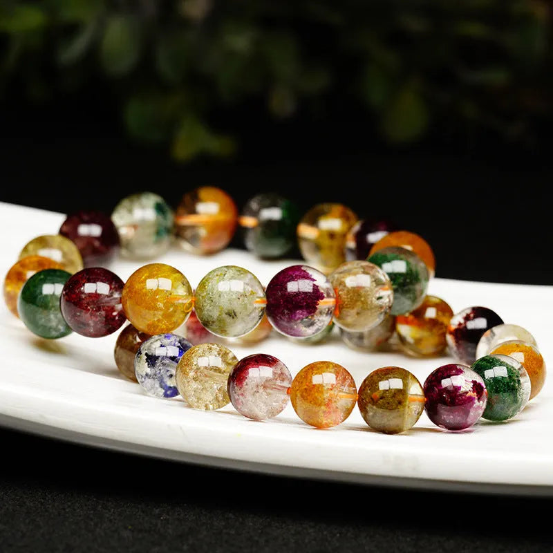 Natural four seasons colourful ghost cornucopia crystal bracelet with 10mm beads in retro ethnic style