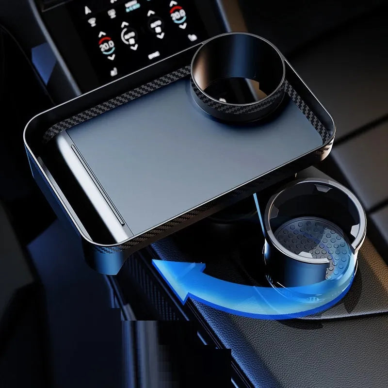 Black car cup holder dinner tray with 360-degree rotating base and adjustable plate positions