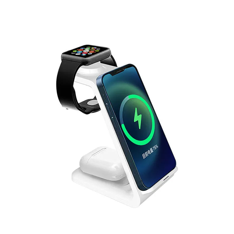White upright wireless phone charger with dual-coil design and QC3.0 support on a desk.