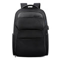 Men's USB charging anti-theft backpack in black with polyester construction, 28L capacity, and multiple compartments