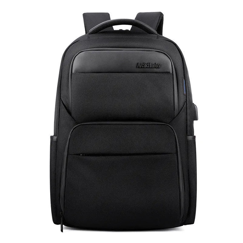 Men's USB charging anti-theft backpack in black with polyester construction, 28L capacity, and multiple compartments
