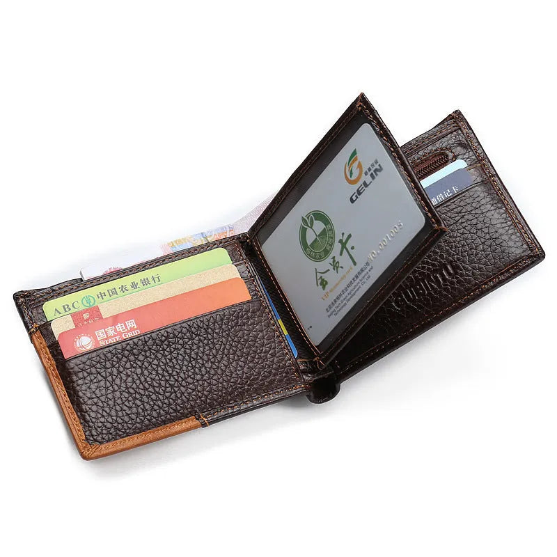 Soft cowhide leather men's wallet with cross-stitch detail, shown open to reveal bill holder, card slots, and zip compartment.
