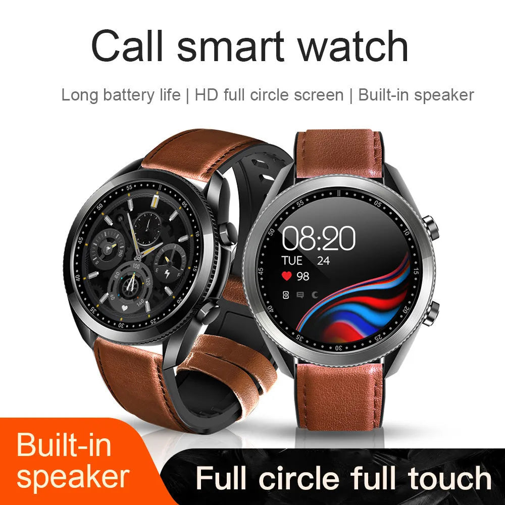 UM90 smartwatch with black leather strap showing time on a circular touch screen display.