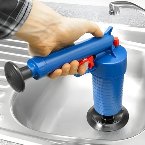 Plastic high-pressure drain blaster gun with handle and four different size rubber adaptors for unblocking pipes.