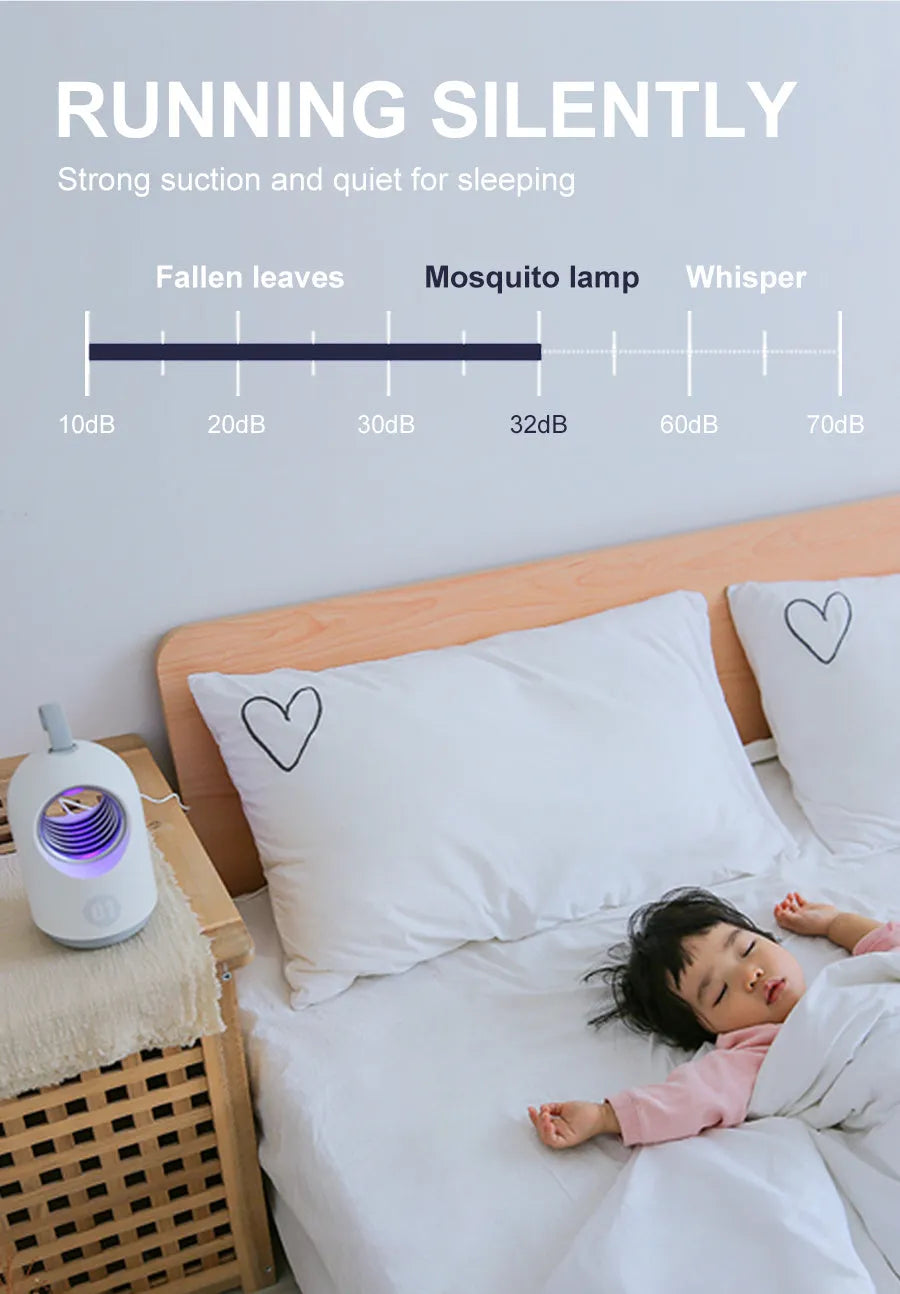 White indoor mosquito killer lamp with blue UV light and a top carry handle on a table
