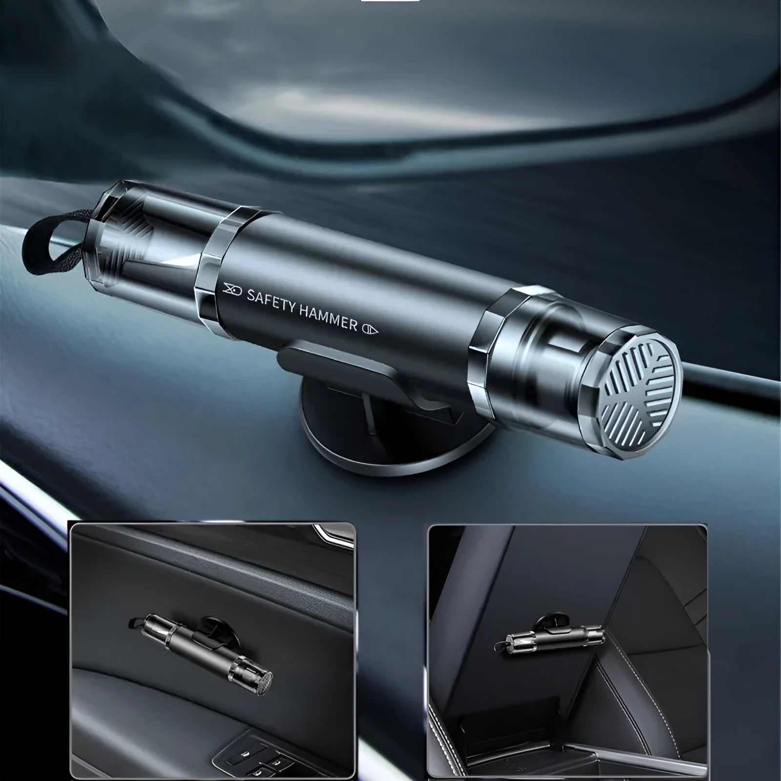 Black and red car safety hammer with tungsten steel window breaker and seat belt cutter on mounting bracket
