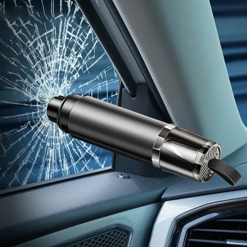 Black and red car safety hammer with tungsten steel window breaker and seat belt cutter on mounting bracket
