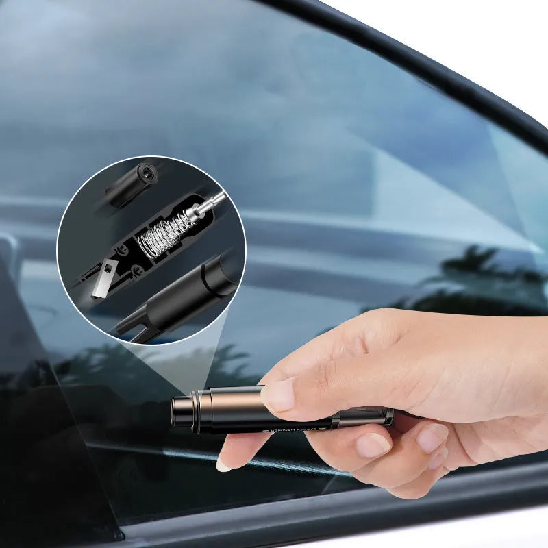 Black and red car safety hammer with tungsten steel window breaker and seat belt cutter on mounting bracket