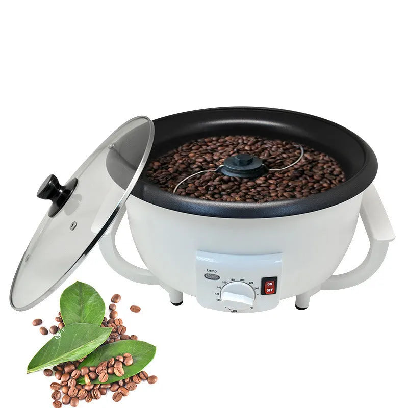 White oblate coffee bean roasting machine with 225mm pot bottom for 750g batch capacity