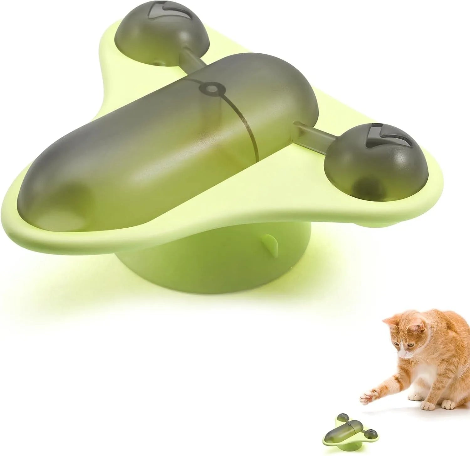 Blue interactive pet puzzle feeder with bell, catnip, and snack compartment on a suction cup base