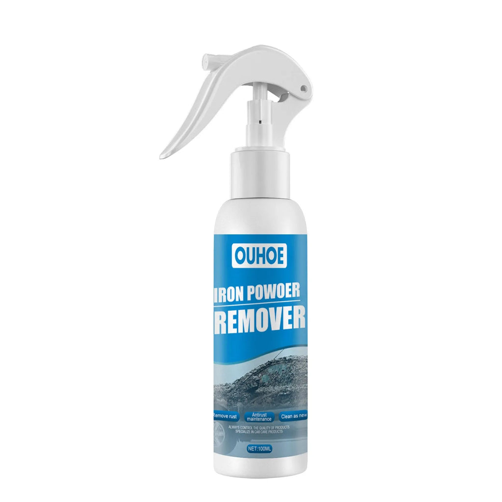 Car iron powder rust remover spray bottle with blue sponge and towel on a car surface.