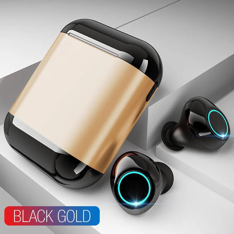 Black true wireless stereo Bluetooth earplugs with charging case on a grey background.