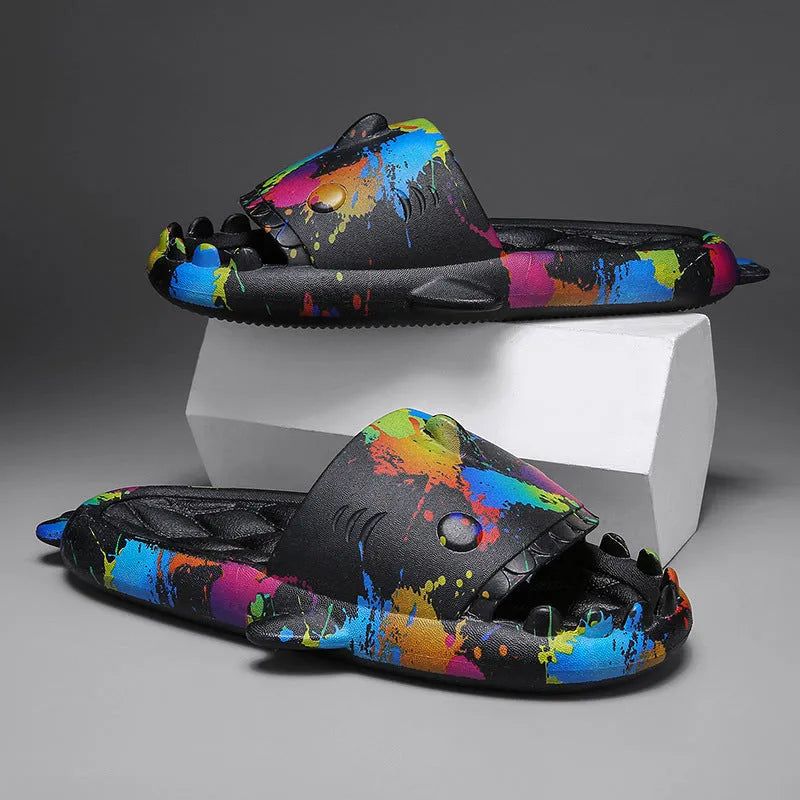 Cute shark design open toe EVA slippers for couples in beige, black, grey, and white colours.