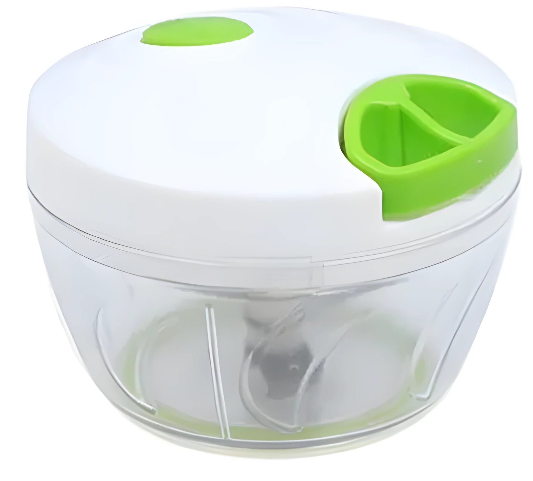 Green manual kitchen chopper with three blades showing 500ml capacity container functionality