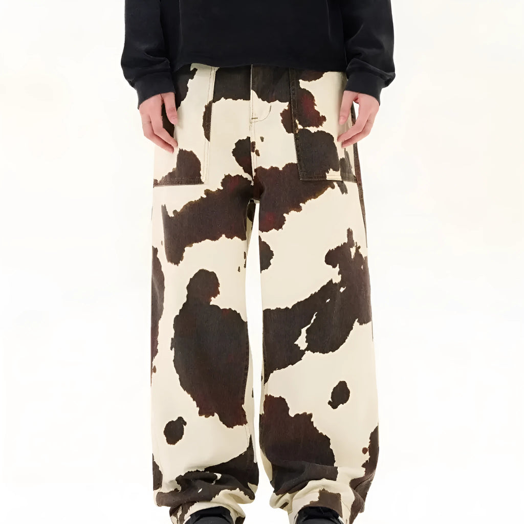 Men's straight-leg trousers with retro cows pattern in 7698 cow colour