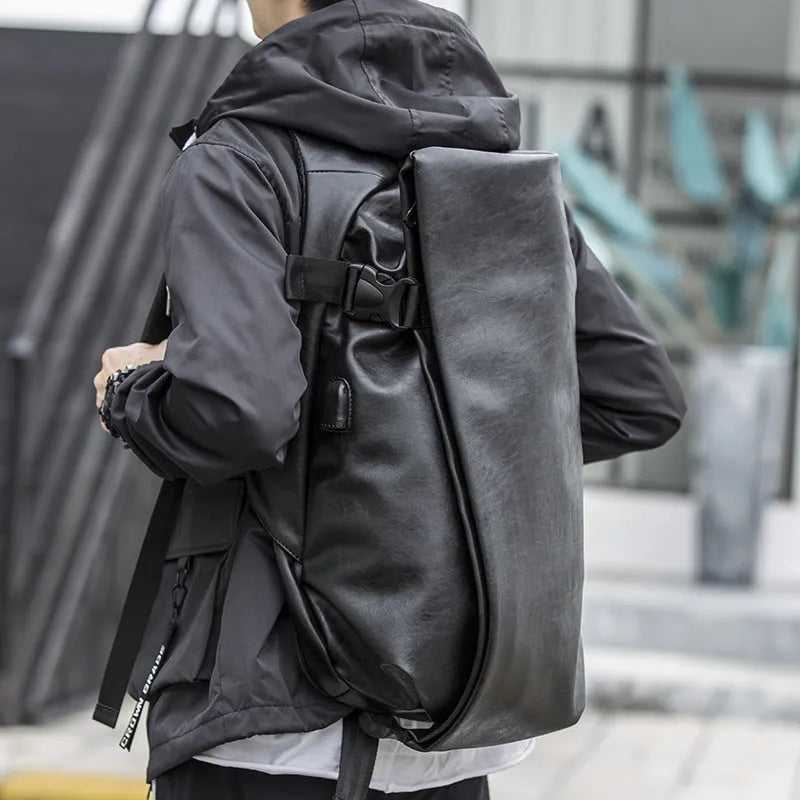 Korean men's PU leather shoulder bag black with car suture stitching cover flap square section