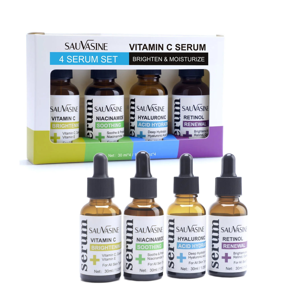 Vitamin C skincare 4-piece set showing 30ml facial essence, cleanser, toner and cream bottles