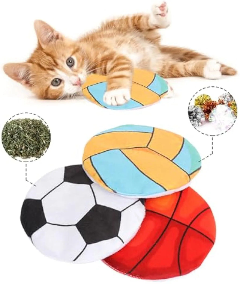 Plush cat toy disc with sports ball pattern containing catnip and crinkle sounds