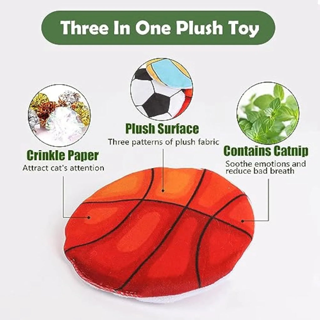 Plush cat toy disc with sports ball pattern containing catnip and crinkle sounds