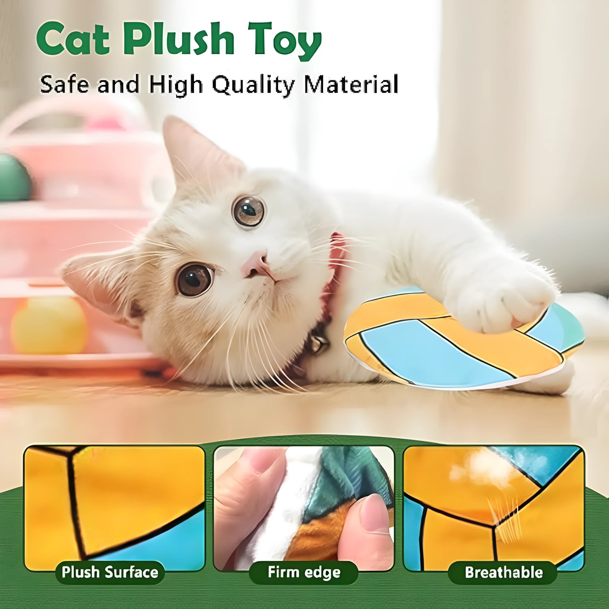Plush cat toy disc with sports ball pattern containing catnip and crinkle sounds