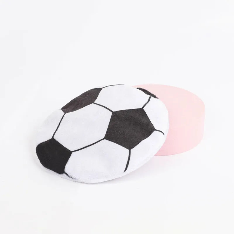 Plush cat toy disc with sports ball pattern containing catnip and crinkle sounds