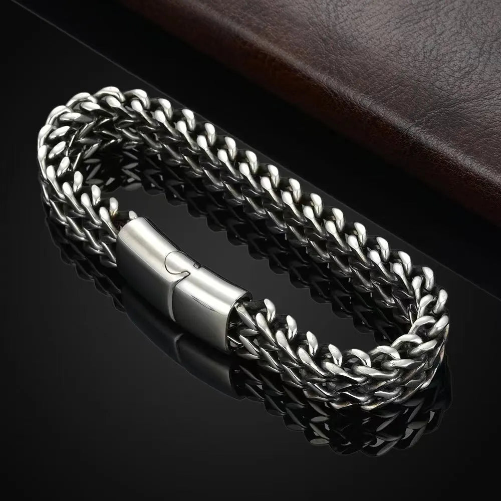 Silver geometric men's titanium steel bracelet shown in 4x8mm and 5x10mm styles.