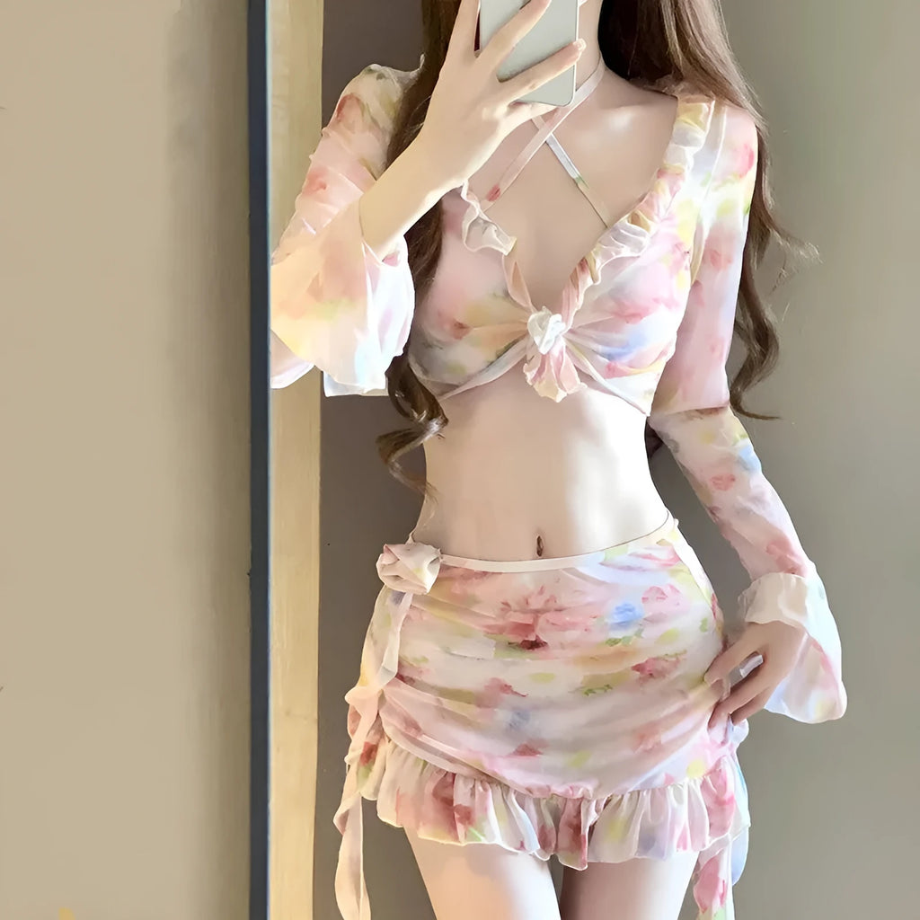 Women's floral bikini swimsuit set in cherry blossom pink colour