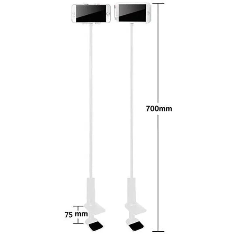 Flexible black phone and tablet mount holder with suction base and adjustable arm on a kitchen counter.
