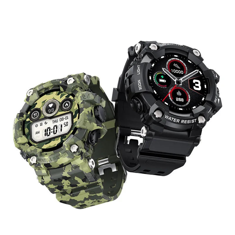 T6 tactical rugged smart watch with black or green strap on wrist, showing 1.3-inch screen