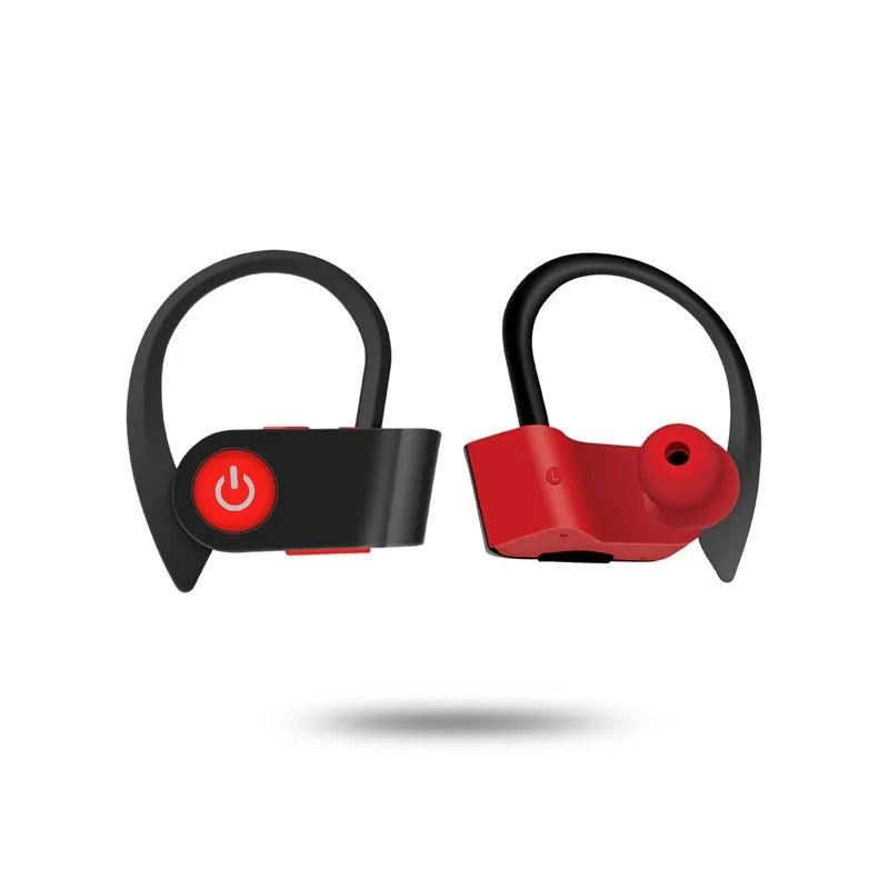 Black wireless Bluetooth earphones with ergonomic in-ear design showing onboard control buttons