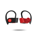 Black wireless Bluetooth earphones with ergonomic in-ear design showing onboard control buttons