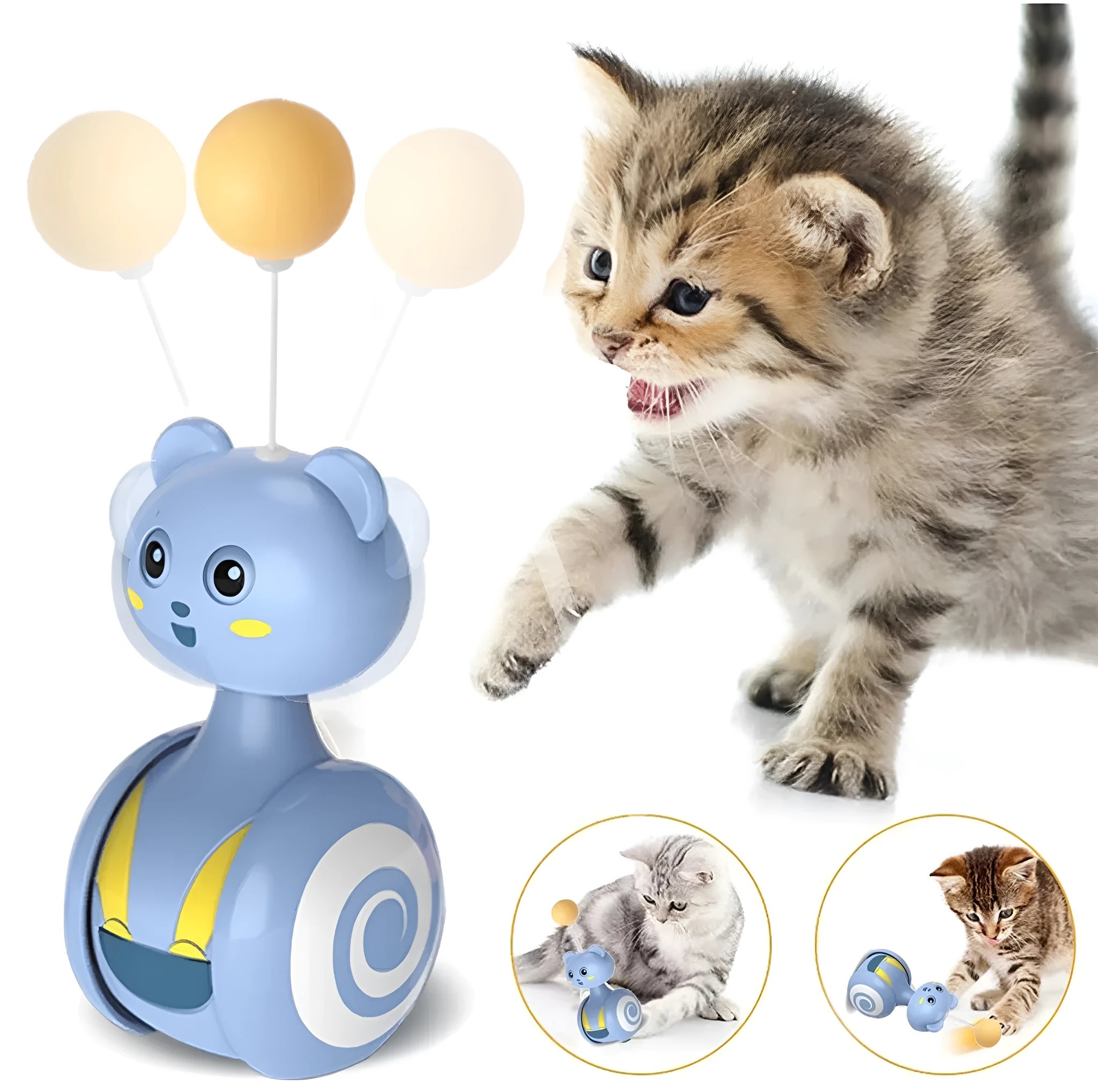 Interactive cat tumbler toy with rotating ball and feather wand in pink and blue colours