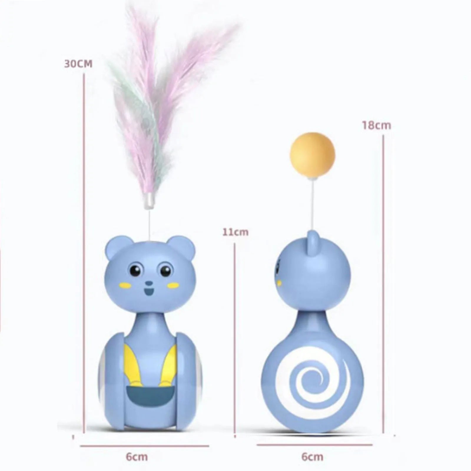 Interactive cat tumbler toy with rotating ball and feather wand in pink and blue colours