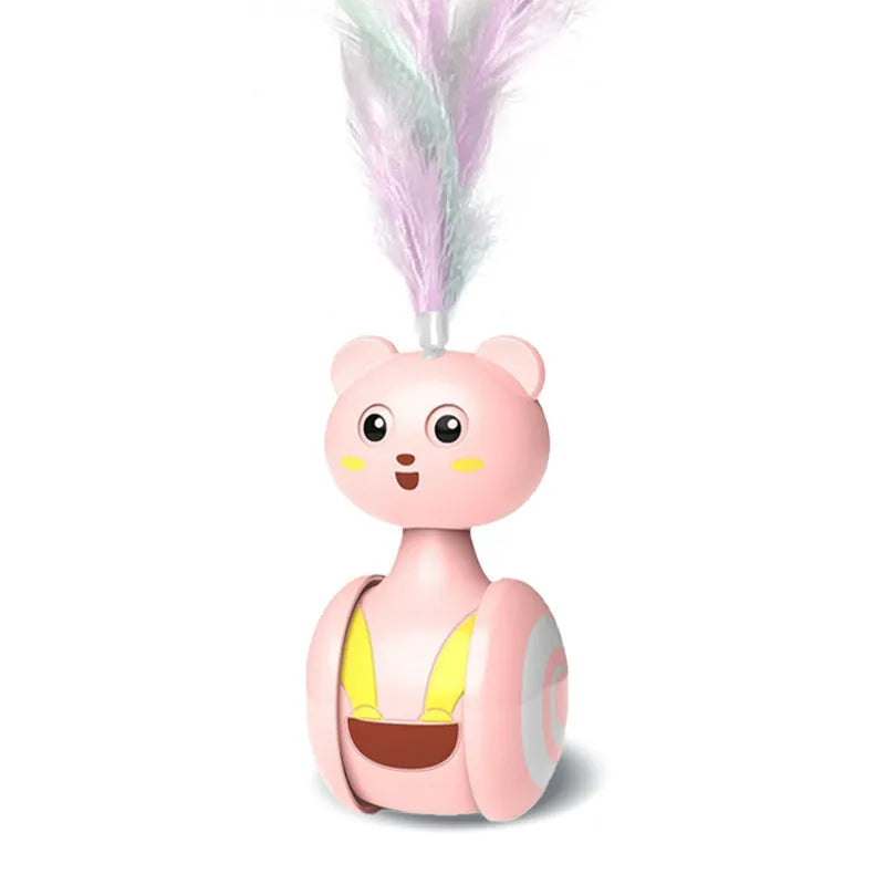 Interactive cat tumbler toy with rotating ball and feather wand in pink and blue colours