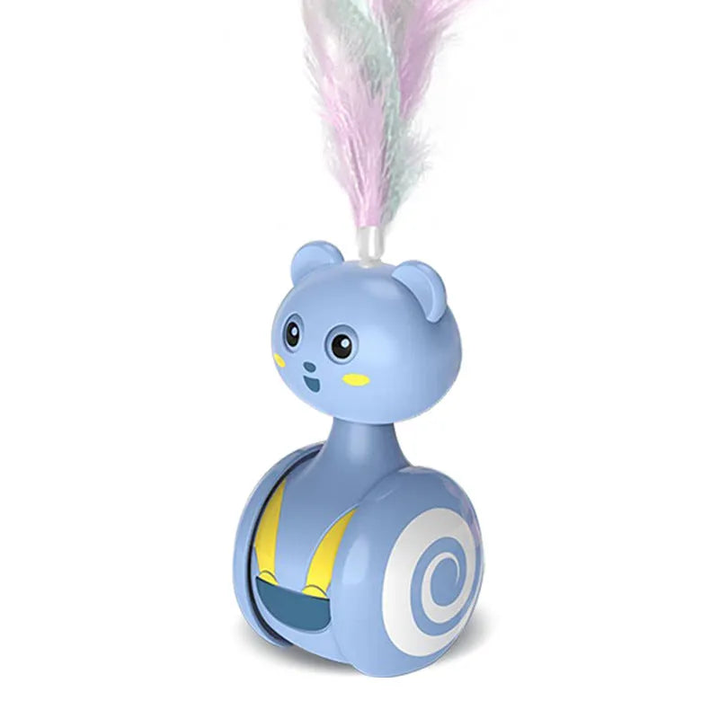 Interactive cat tumbler toy with rotating ball and feather wand in pink and blue colours