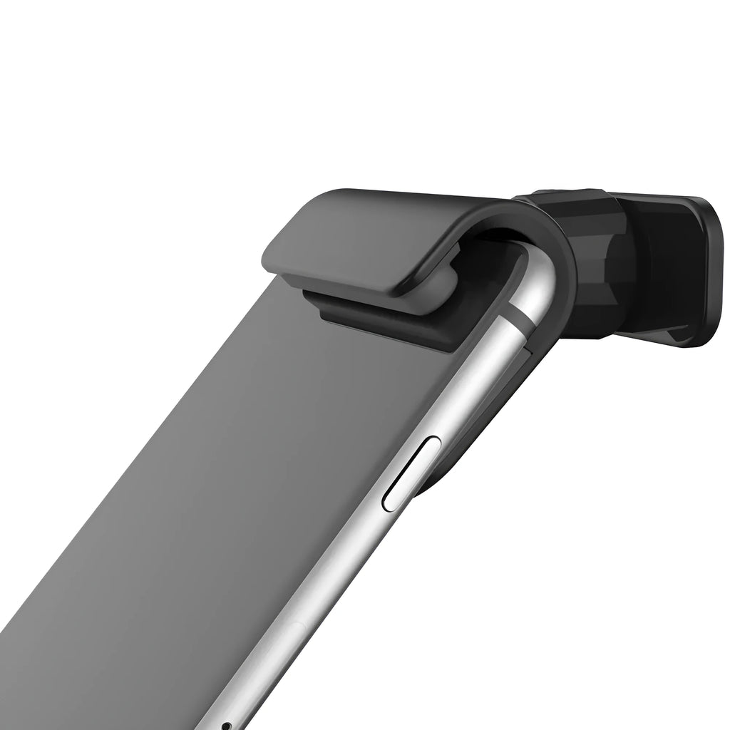 Black universal car phone holder with 360-degree rotation head mounted on a car air vent