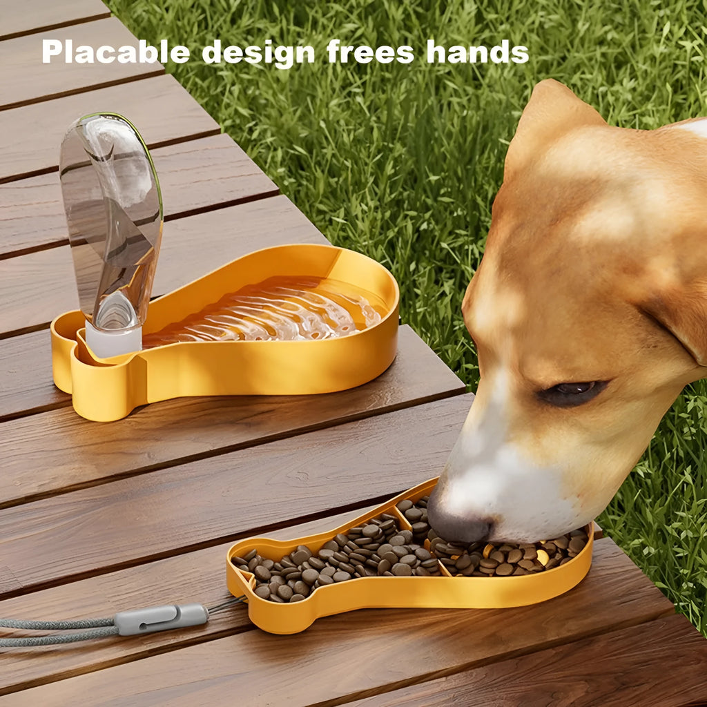 Orange and white portable pet water feeder with water bottle and food container for outdoor use