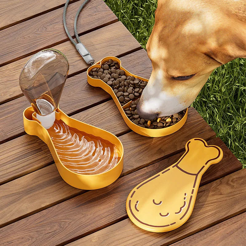 Orange and white portable pet water feeder with water bottle and food container for outdoor use