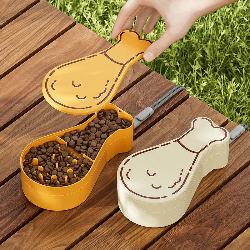 Orange and white portable pet water feeder with water bottle and food container for outdoor use